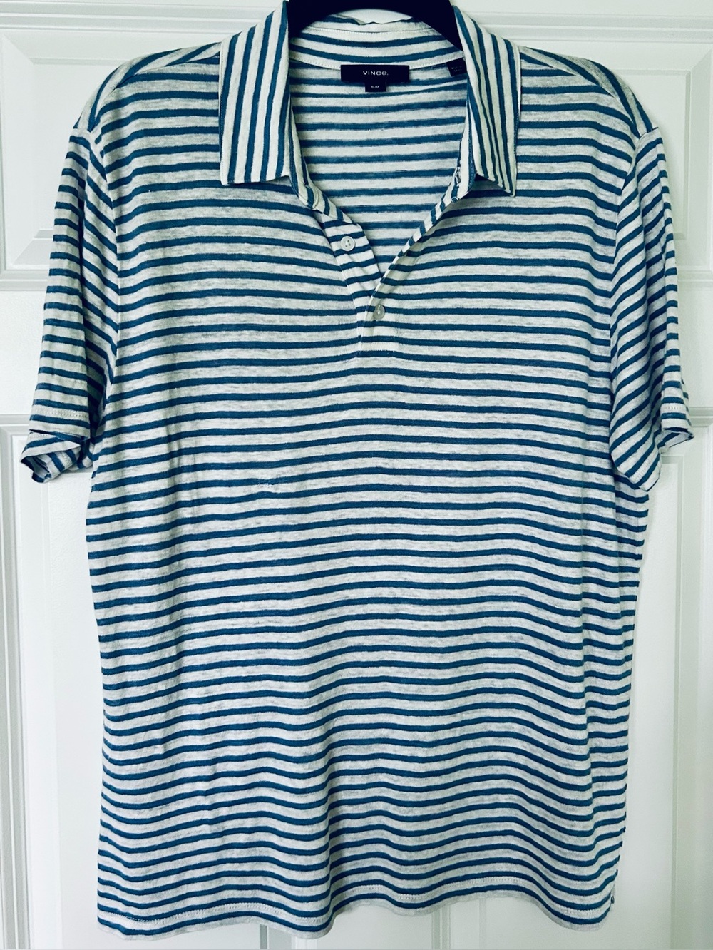 Vince 100% Linen Blue & White Striped Short Sleeve Polo Shirt